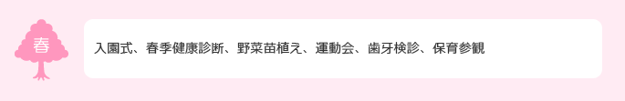 入園式、個別懇談・クラス懇談、保育参観、健康診断、ギョウ虫・尿検査、歯牙検診、野菜苗植え、親子遠足